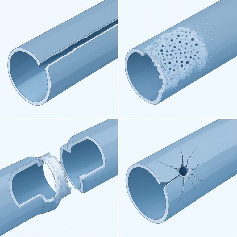 Illustration of four burst-pipe failure patterns: a lengthwise freeze split, a cluster of corrosion pinholes with mineral crust, a separated joint from water hammer, and a crack at a nail strike