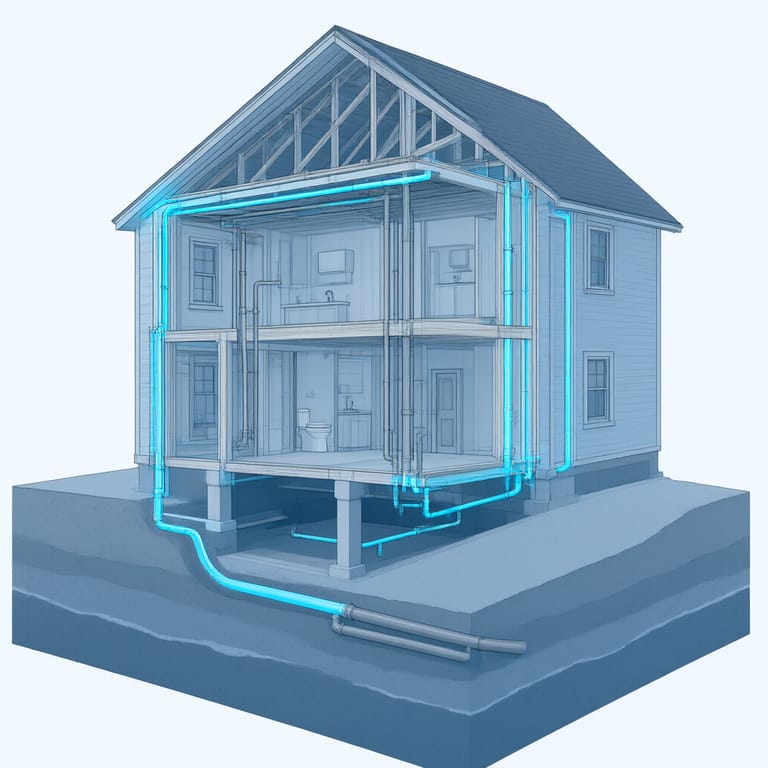 Cutaway diagram of a northern home marking the pipe runs most likely to burst: attic and crawl-space lines, pipes in exterior walls, rim-joist penetrations, and a buried service line above the frost line