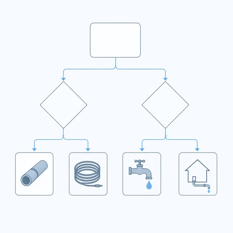 Decision flowchart for pipe freeze protection: insulation for every accessible run, heat cable for chronic and outdoor lines, dripping faucets for cold snaps, drain-down for vacant buildings