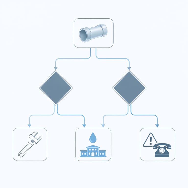 Decision flowchart routing frozen-pipe situations to the right contact: licensed plumber, water utility, or 911 plus the gas utility from outside