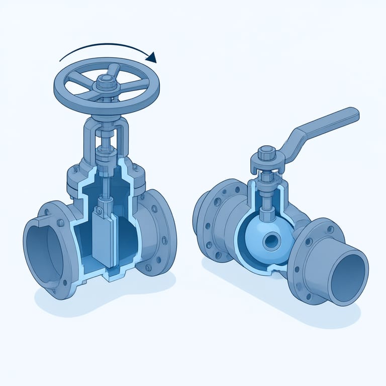 Diagram of the two common main water shutoff valves: a gate valve wheel turned clockwise until snug and a ball valve lever turned a quarter-turn across the pipe