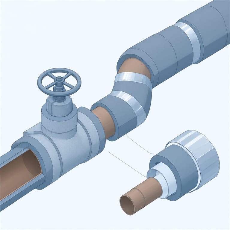 Cutaway illustration of a foam sleeve seated on a copper pipe with a mitered 45-degree elbow joint, fiberglass wrap on a valve, and seams sealed with foil insulation tape