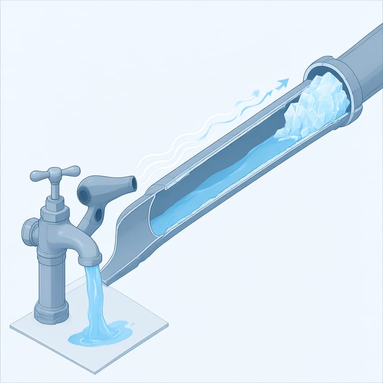Diagram of thawing a frozen pipe: faucet held open while heat moves from the faucet end toward the ice plug